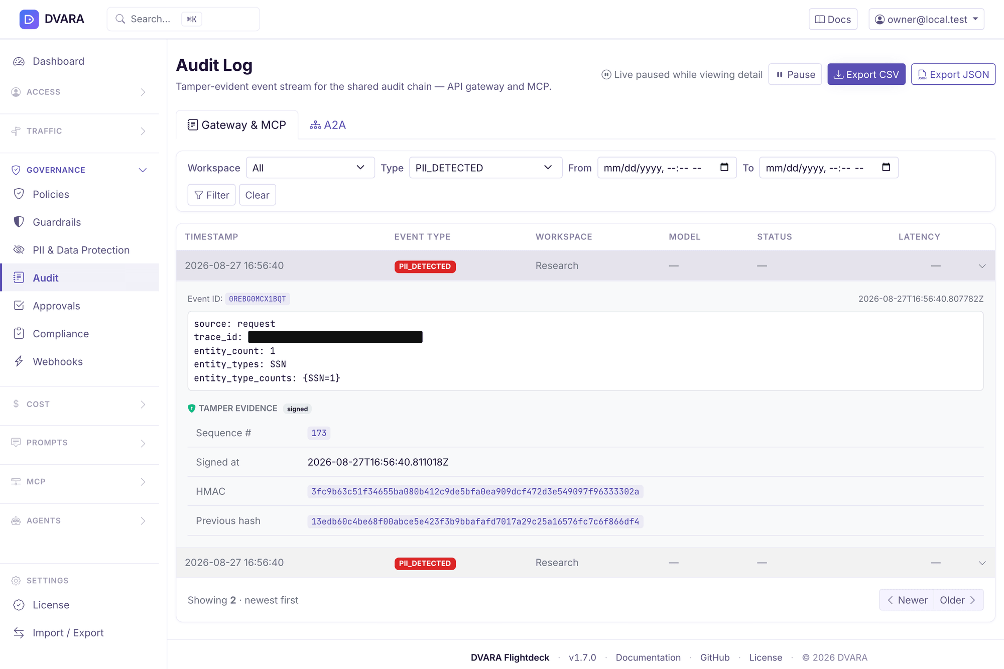An audit record showing PII detected on an outbound request