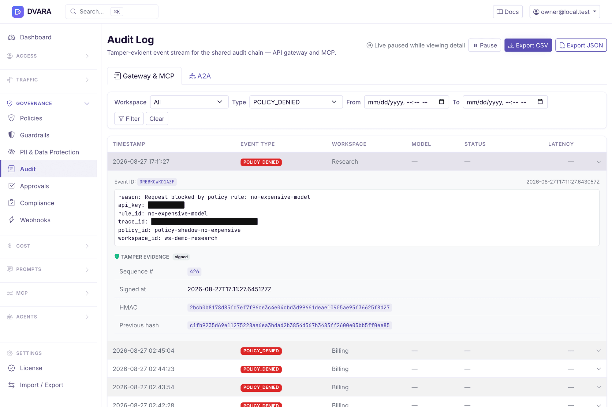 A request refused with 403 policy_denied, naming the rule that fired