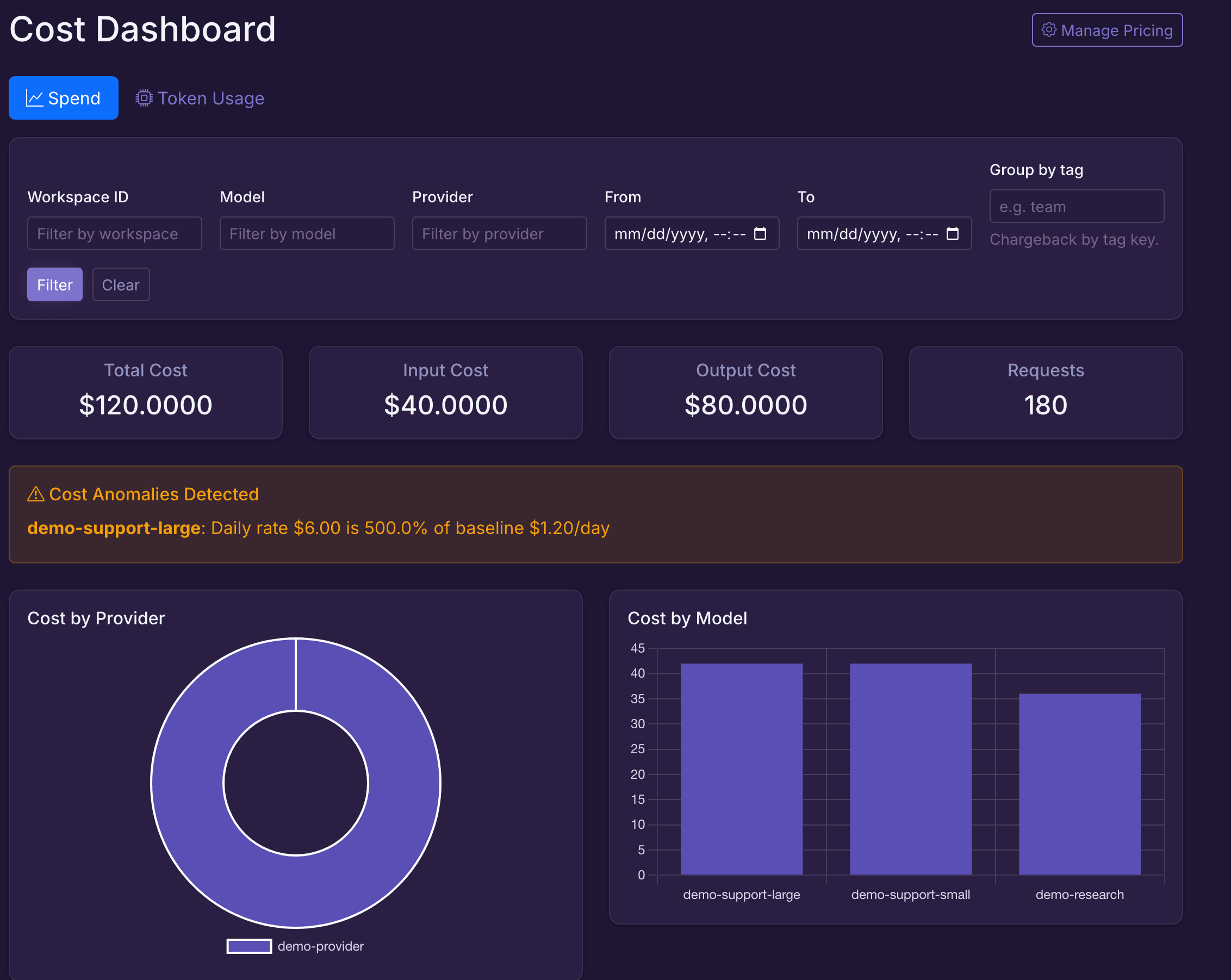 Flightdeck Cost Dashboard with populated demo totals and provider and model breakdowns.