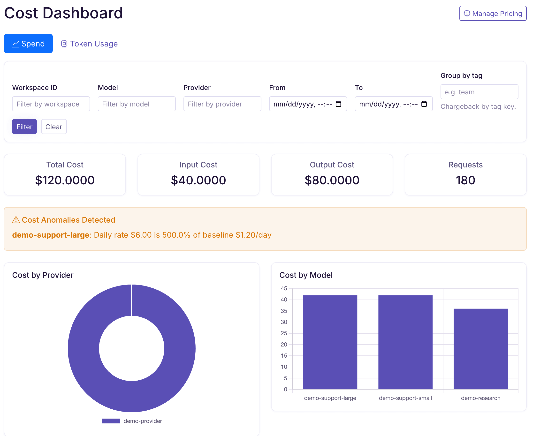 Flightdeck Cost Dashboard with populated demo totals and provider and model breakdowns.
