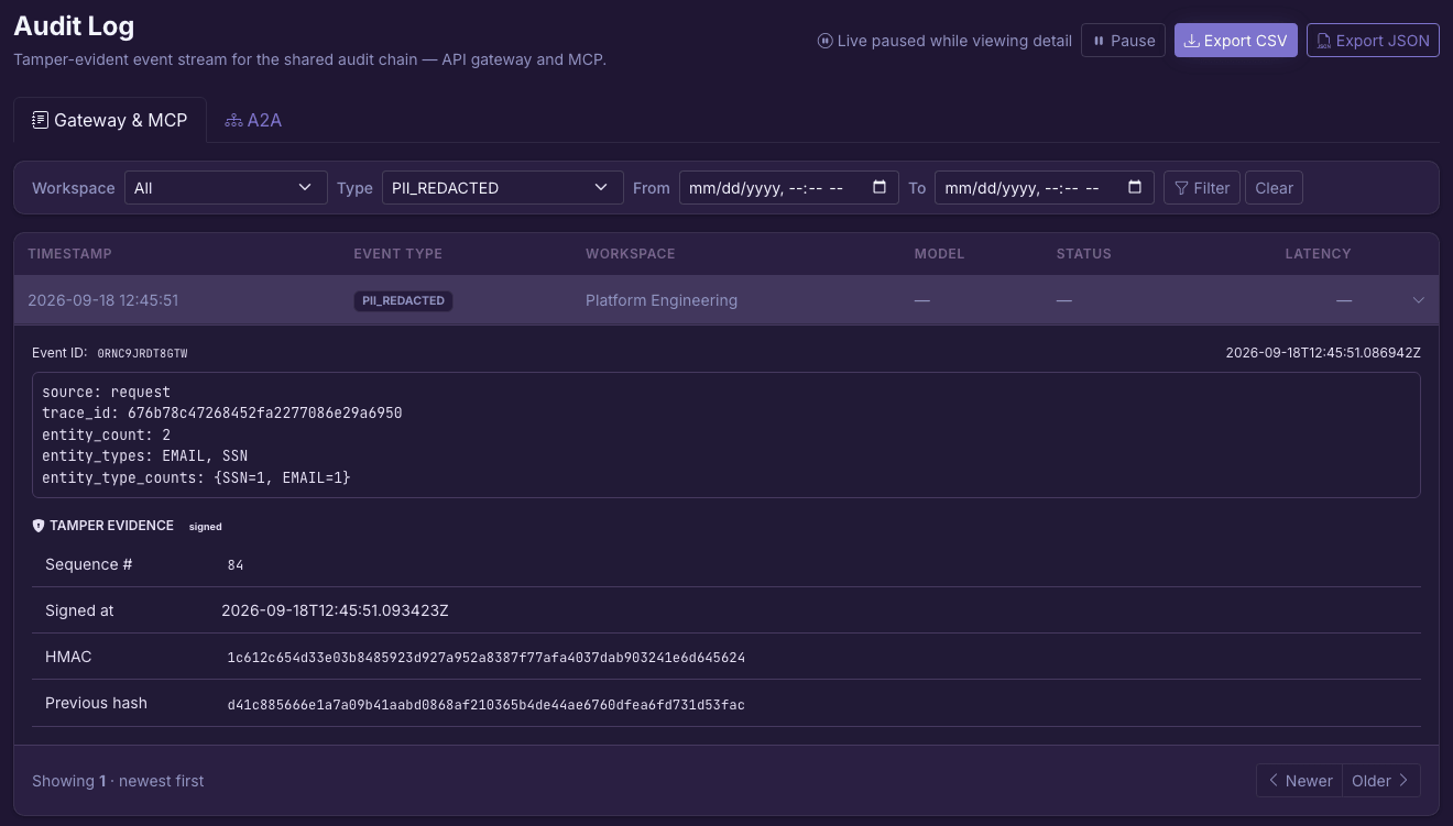 Expanded PII_REDACTED audit event from a real demo request, showing detected entity types and tamper-evident signing information.