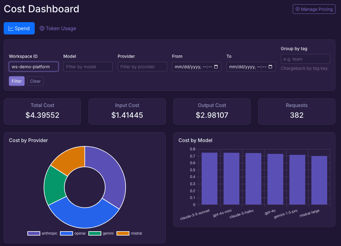 Costs filtered to the Platform Engineering demo workspace, showing total spend and provider and model breakdowns from seeded sample history.