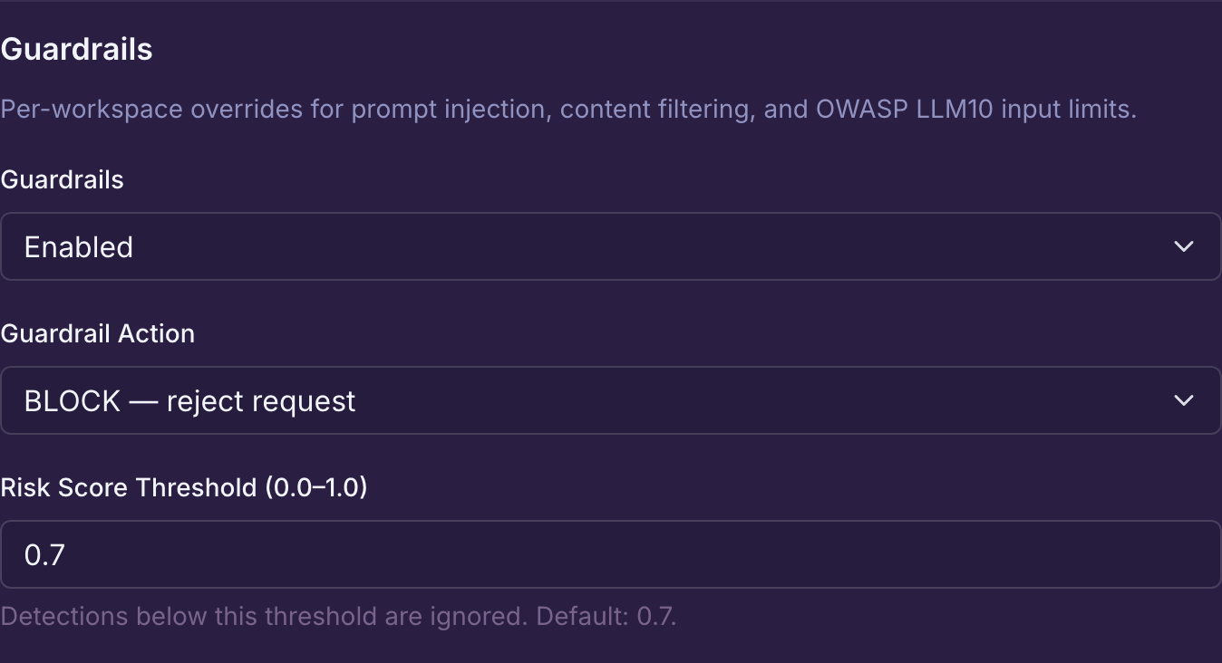 Saved Guardrails settings in Flightdeck with guardrails enabled and the action set to BLOCK.