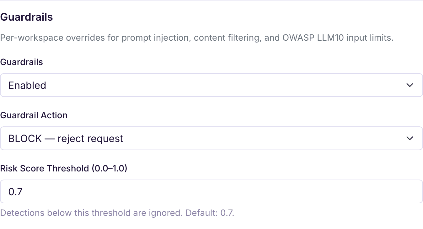 Saved Guardrails settings in Flightdeck with guardrails enabled and the action set to BLOCK.