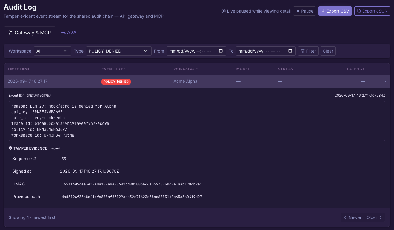 Flightdeck records a denied mock/echo request for the Acme Alpha demo workspace, with the policy rule, trace ID and signing evidence expanded.