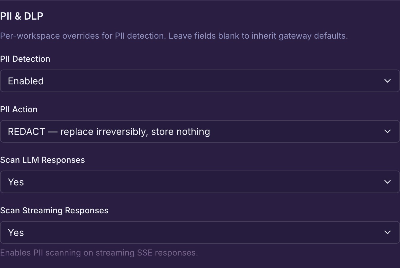 Saved PII settings for a demo workspace: detection enabled, REDACT selected, and LLM response and streaming scans enabled.