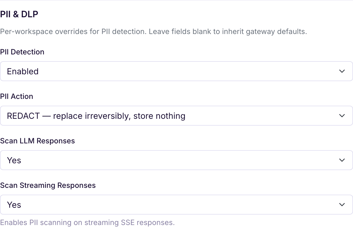 Saved PII settings for a demo workspace: detection enabled, REDACT selected, and LLM response and streaming scans enabled.