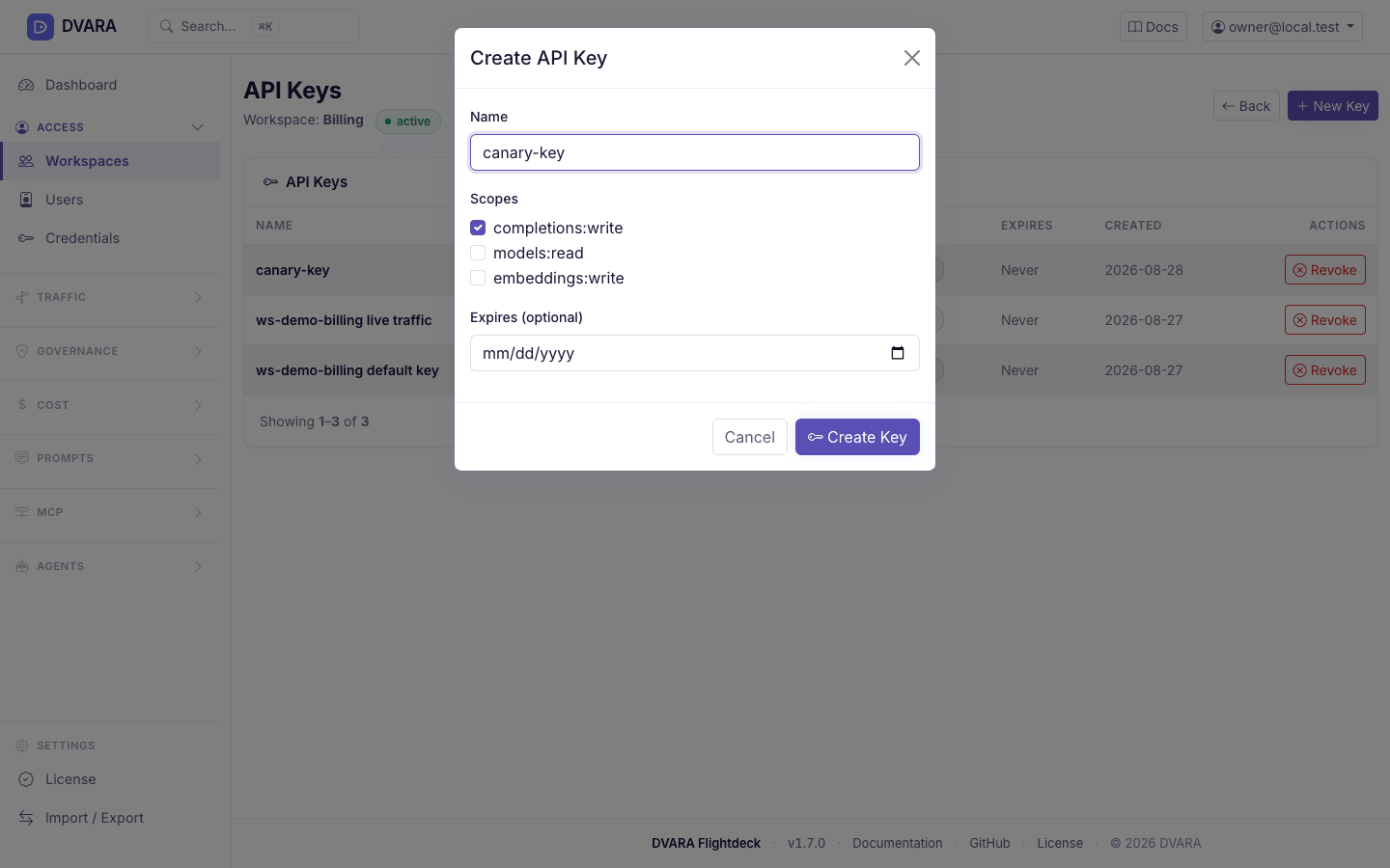 Create-key modal in the workspace API keys page