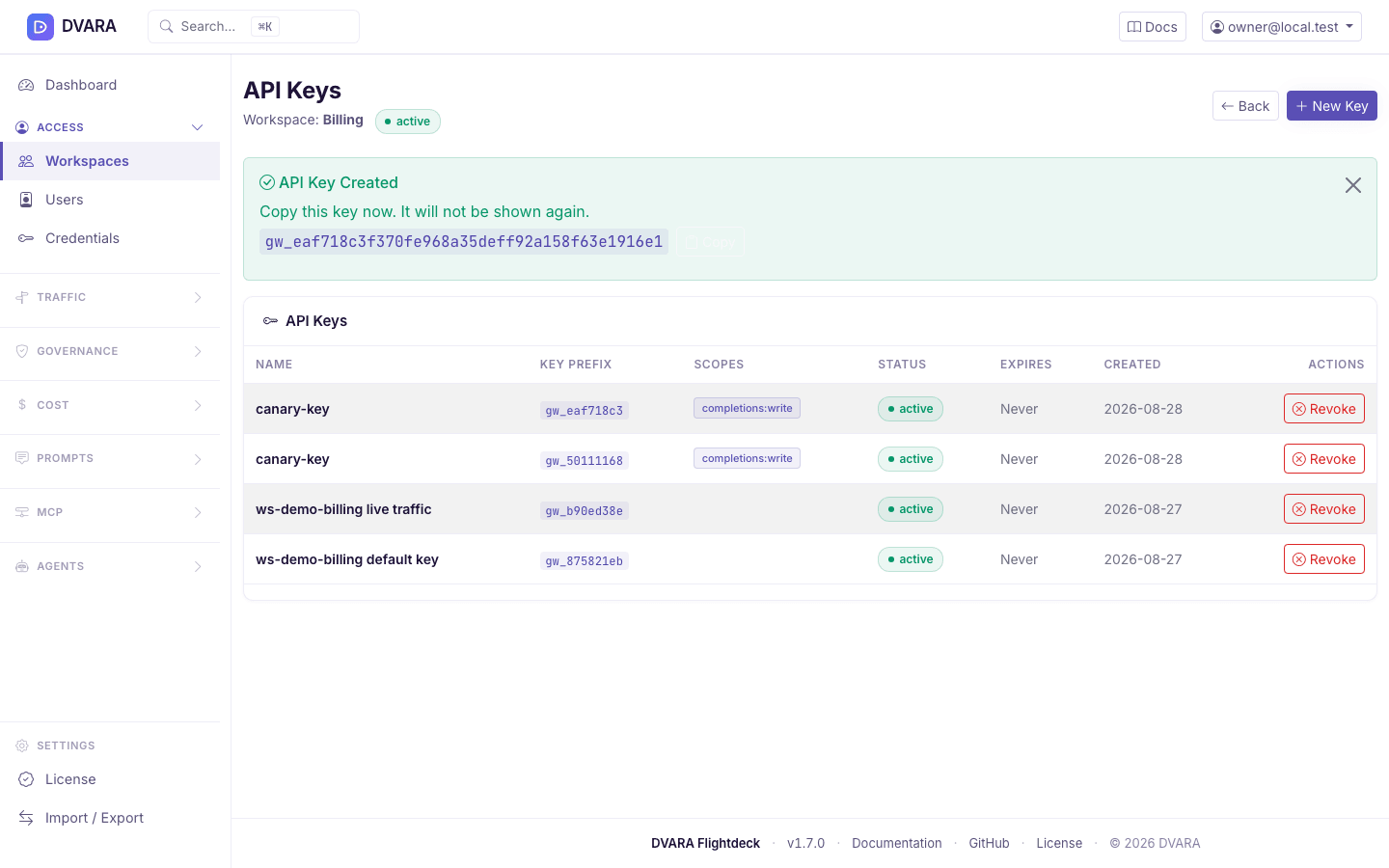 Plaintext key reveal — the gw_... value is shown exactly once