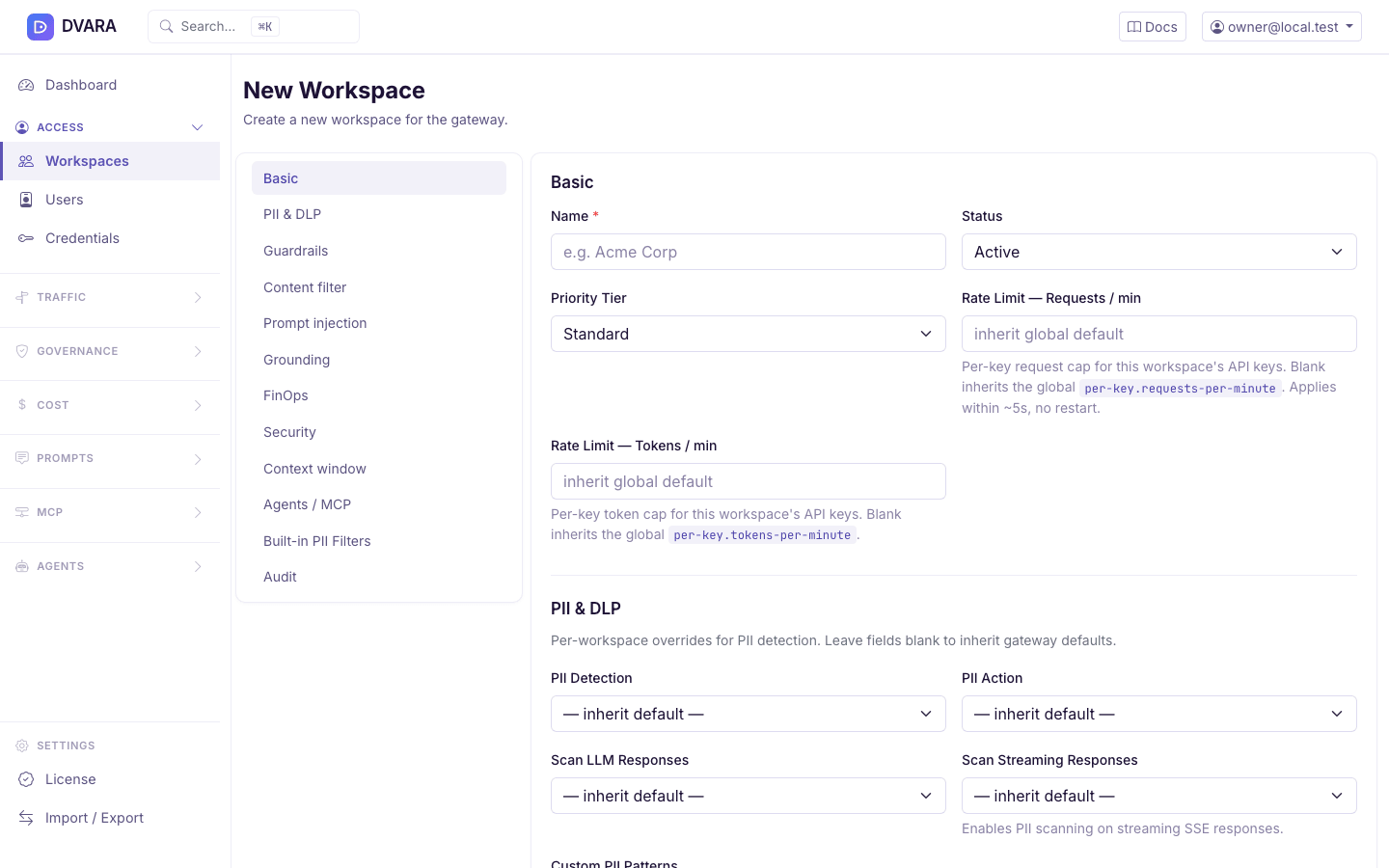 Create Workspace form — name, status, region defaults